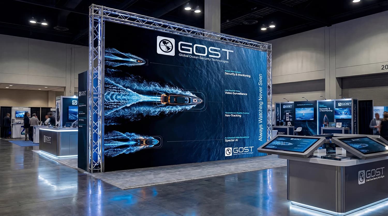 GOST marine security trade show exhibition booth with large-format holographic yacht displays and branded environment design by Digital Moxi